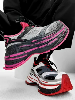 Pink black and grey chunky platform dad sneakers with layered serrated sole and breathable mesh leather streetwear upper
