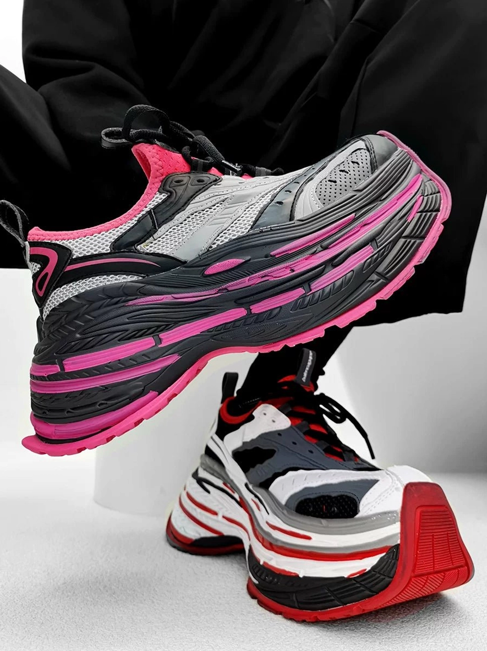 Pink black and grey chunky platform dad sneakers with layered serrated sole and breathable mesh leather streetwear upper
