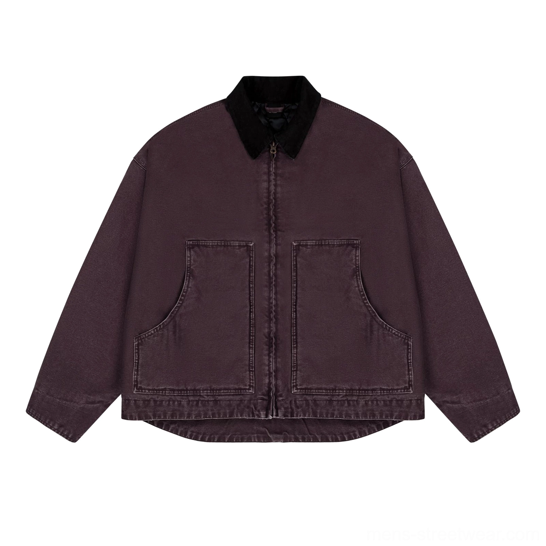 Neutral everyday work jacket with corduroy collar, quilted lining, relaxed shoulders, and clean two-tone styling