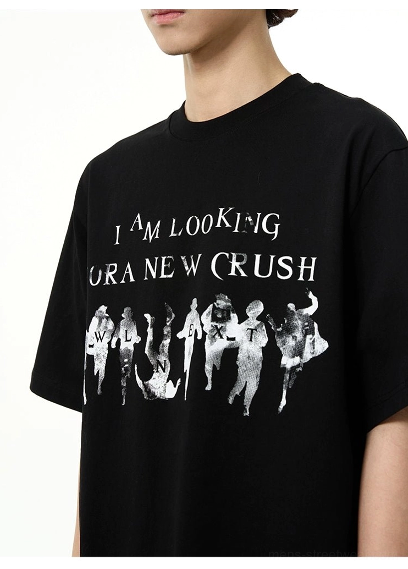 Close-up detail of the black cotton New Crush streetwear t-shirt crew neck and printed vintage graphic