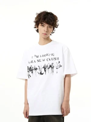 White New Crush graphic oversized streetwear t-shirt shown on a male model with bold vintage front artwork