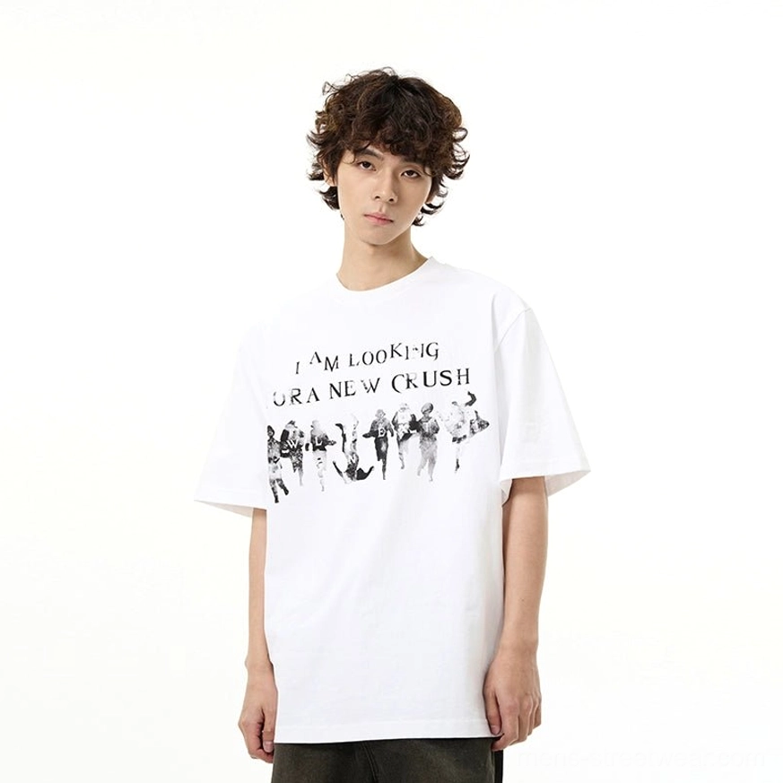Male model wearing the white New Crush oversized streetwear t-shirt with bold vintage front graphic