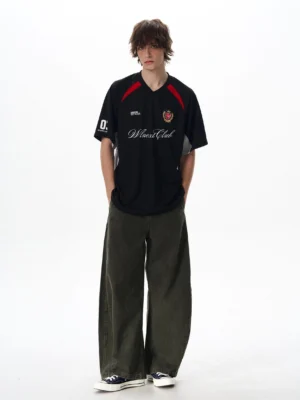 Black Night League Crest Color Block Oversized Soccer Jersey full front view with red shoulder panels and gray side inserts