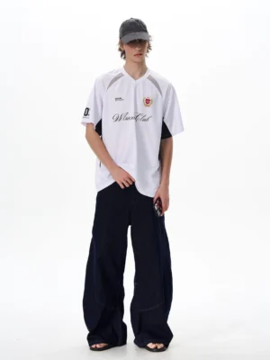 White Night League Crest Color Block Oversized Soccer Jersey front view styled with dark wide leg jeans and gray cap