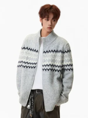 Men's heather gray Fair Isle zip-up knit cardigan front view showing relaxed fit, stand collar, full zipper, and ribbed trim