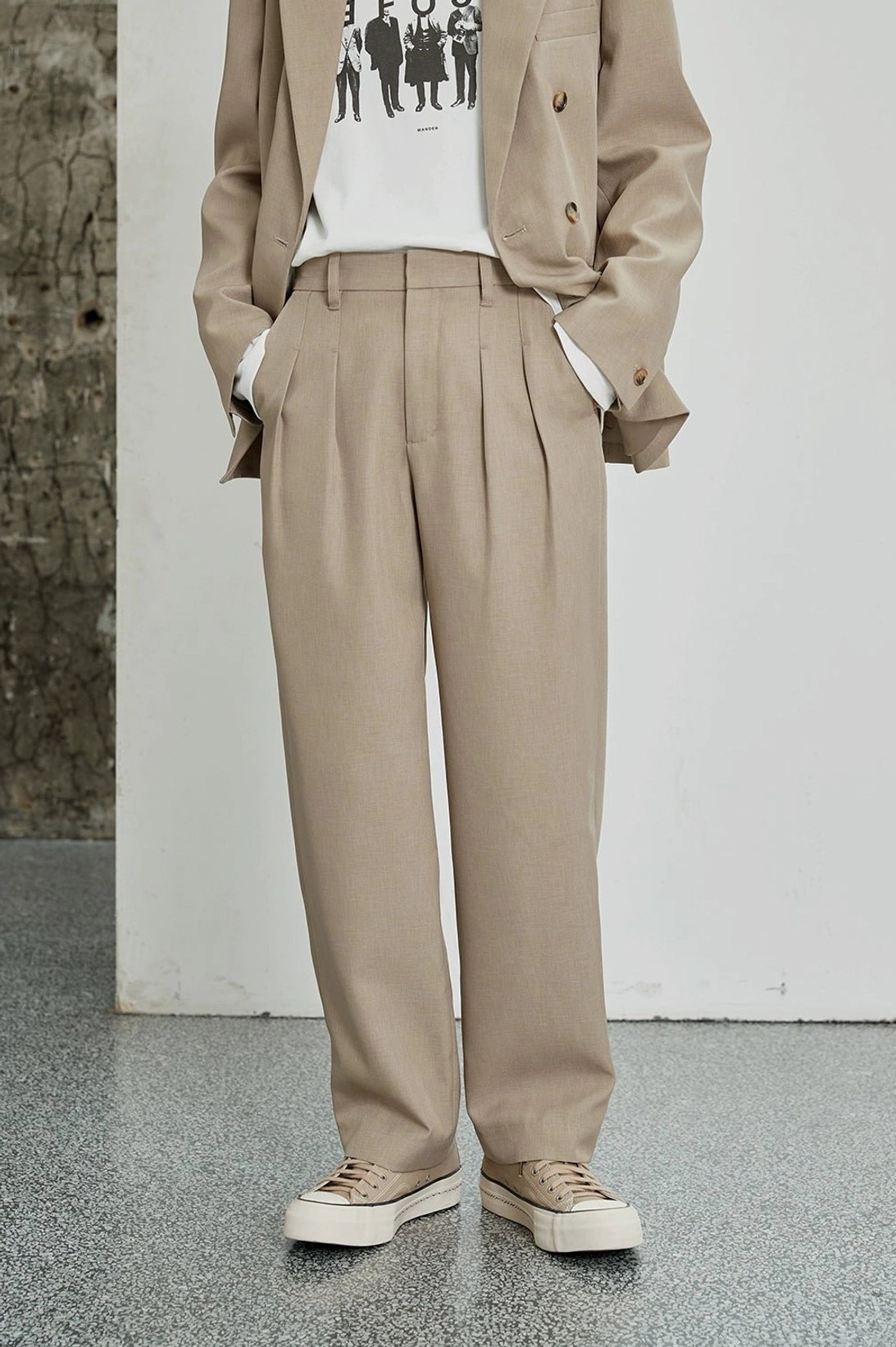 Oatmeal khaki double-pleated wide-leg dress pants with high-waisted tailored construction