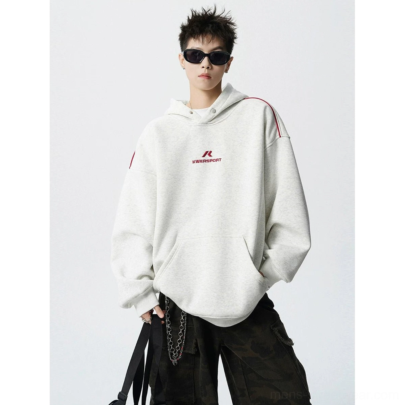 Light oatmeal gray oversized hoodie with red shoulder piping, kangaroo pocket, and contemporary Seoul streetwear styling