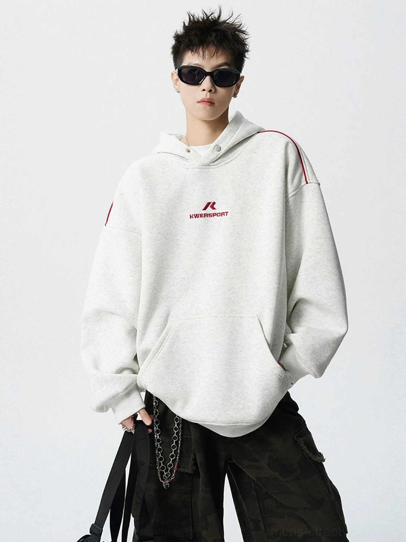 Light oatmeal gray oversized sport hoodie with red shoulder piping, kangaroo pocket, and loose Korean streetwear fit