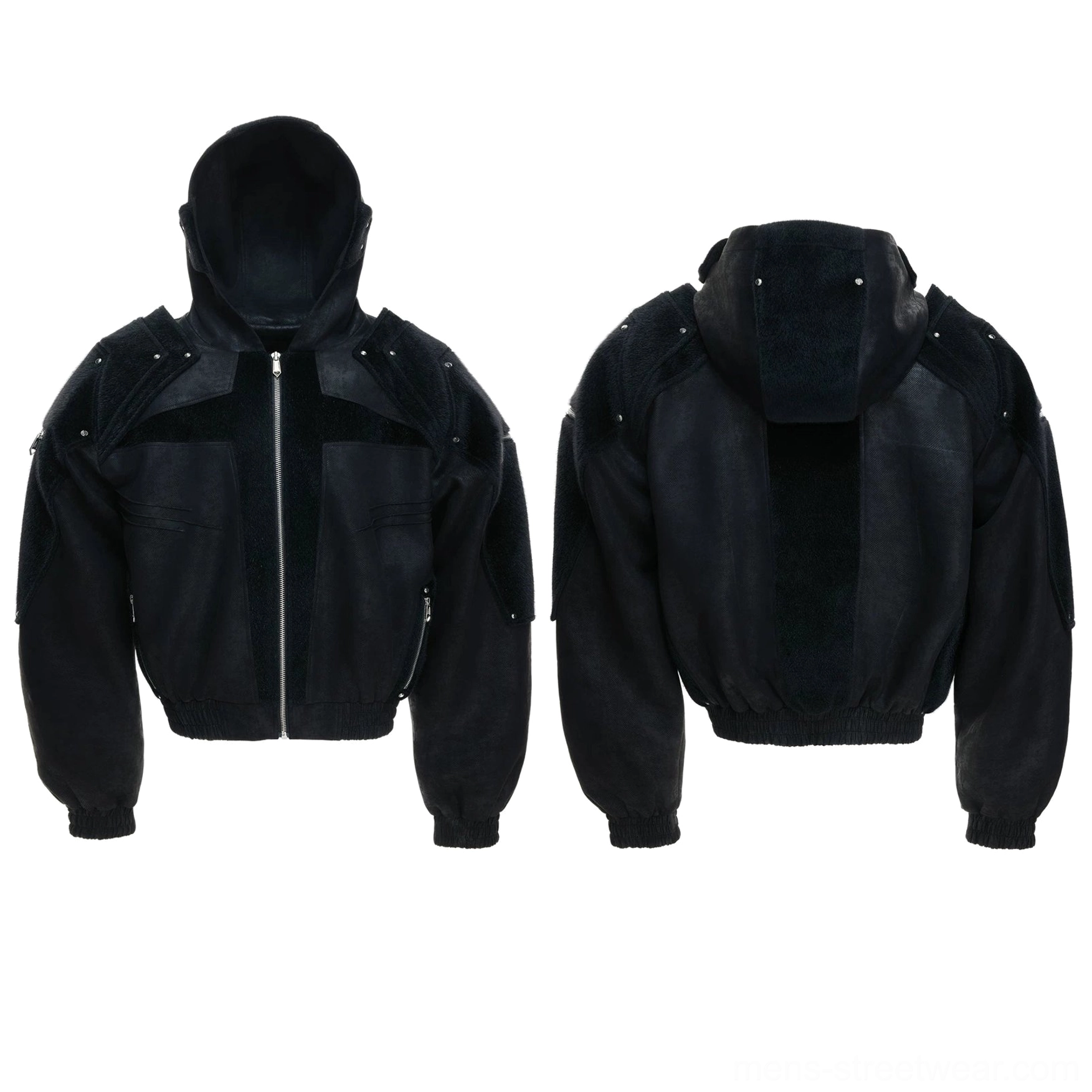 Black obsidian armored faux leather fleece panel hoodie jacket front and back flat lay showing rivets hood and ribbed cuffs