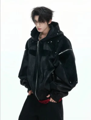 Black obsidian armored faux leather fleece panel zip hoodie jacket front view worn with black streetwear trousers