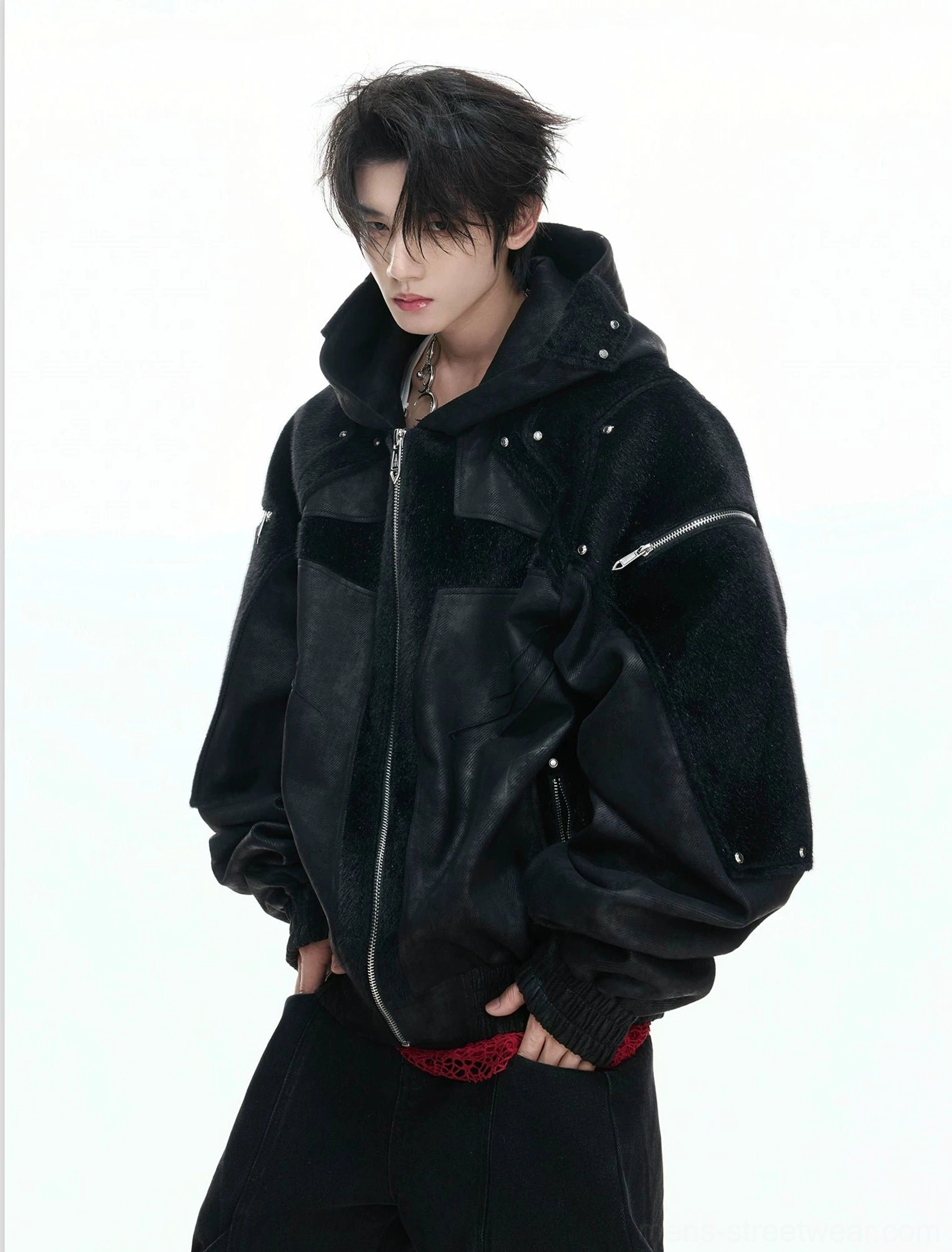 Black obsidian armored faux leather fleece panel zip hoodie jacket front view worn with black streetwear trousers