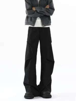 Obsidian fold super balloon pleated streetwear trousers front full body view with black platform shoes