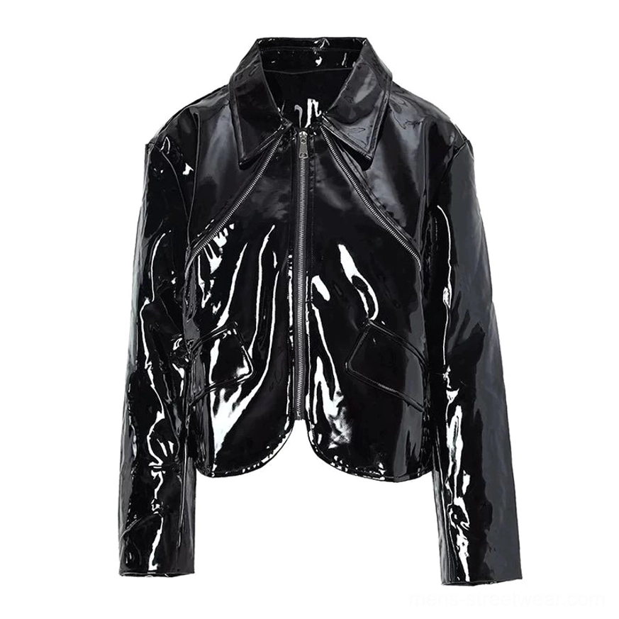 Flat lay of black high-gloss PU cropped jacket with fold-down collar front zipper and patch pocket details