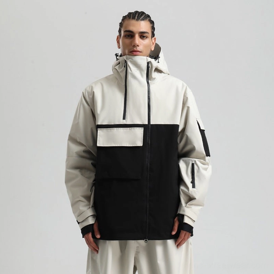 Off white and black colorblock snow jacket with oversized fit, large front flap pocket, diagonal zipper, attached hood, and thumbhole cuffs