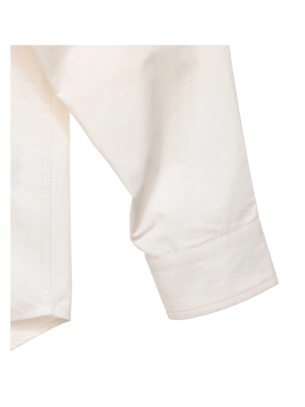 Back view of off-white cotton poplin overshirt showing clean minimal panel design and curved back hem