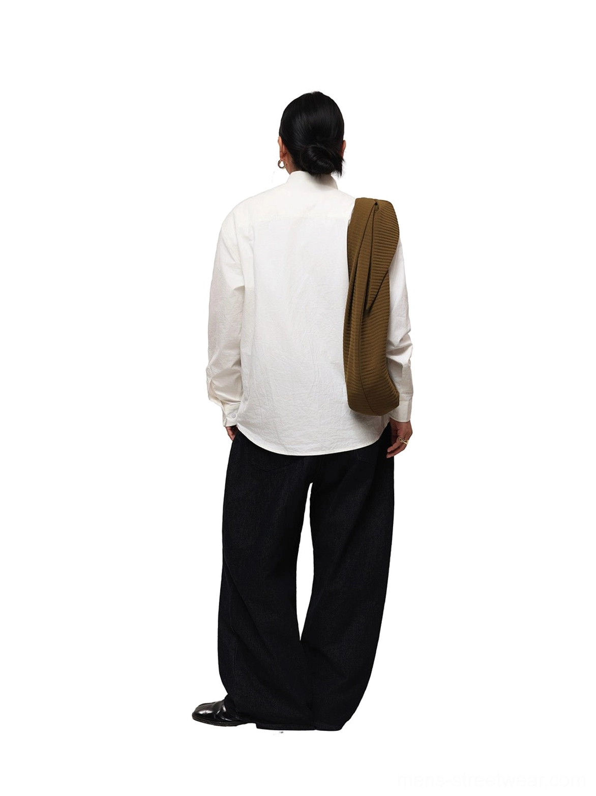 Close-up of off-white cotton poplin overshirt pointed collar white button placket and functional chest pocket