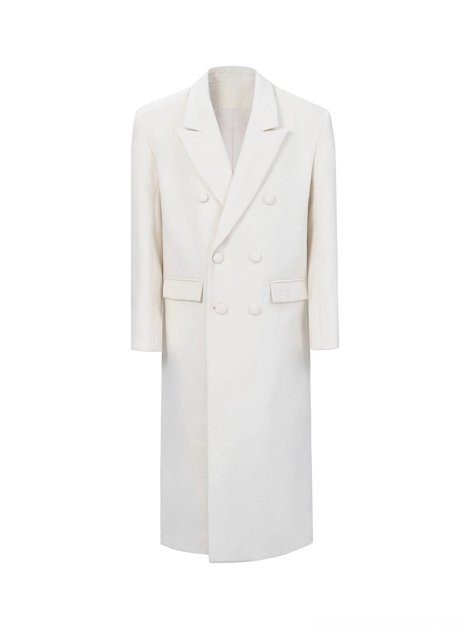 Men's off white double-breasted wool blend long overcoat flat lay showing notch lapels flap pockets and relaxed silhouette