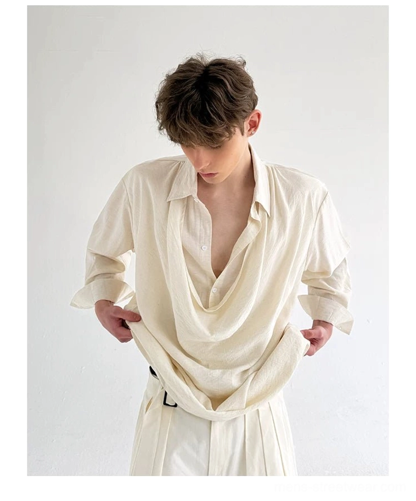 Men's off-white draped collar shirt worn with belted trousers in a modern Seoul fashion outfit