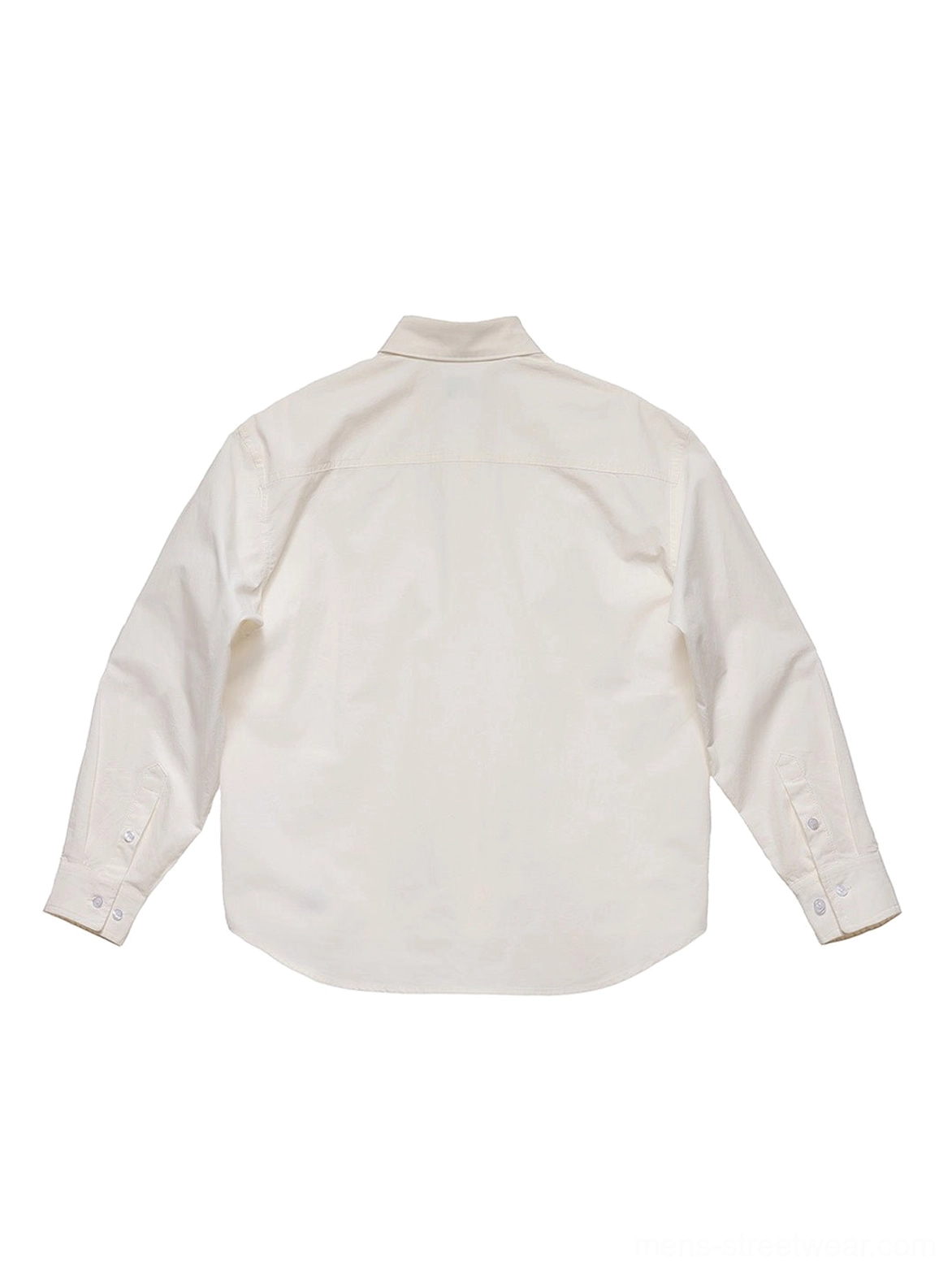 Off-white embroidered cotton poplin overshirt back flat lay with minimalist unprinted back and curved hem