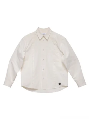 Off-white embroidered cotton poplin overshirt front flat lay with pointed collar chest pocket and curved hem
