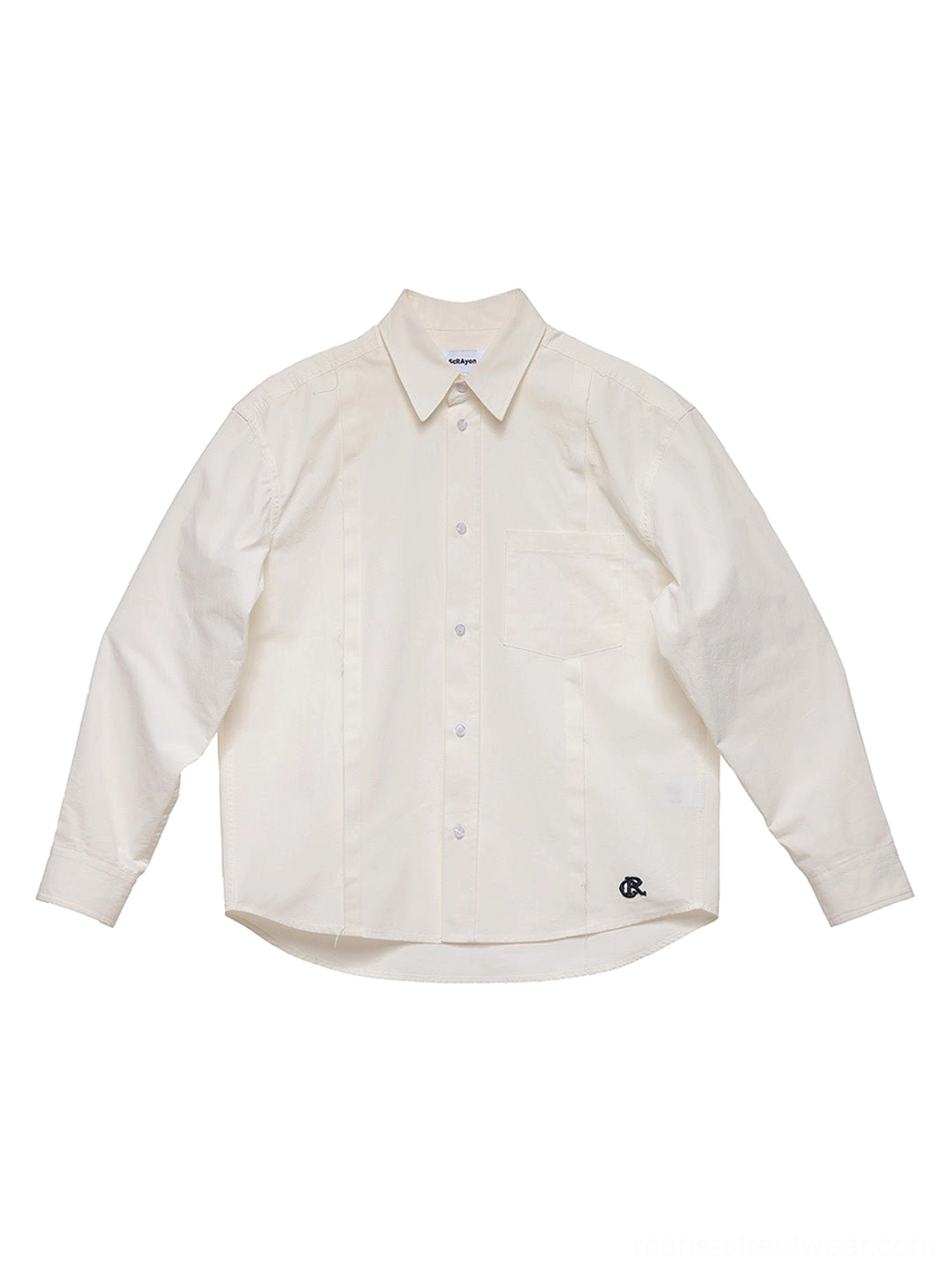 Off-white embroidered cotton poplin overshirt front flat lay with pointed collar chest pocket and curved hem