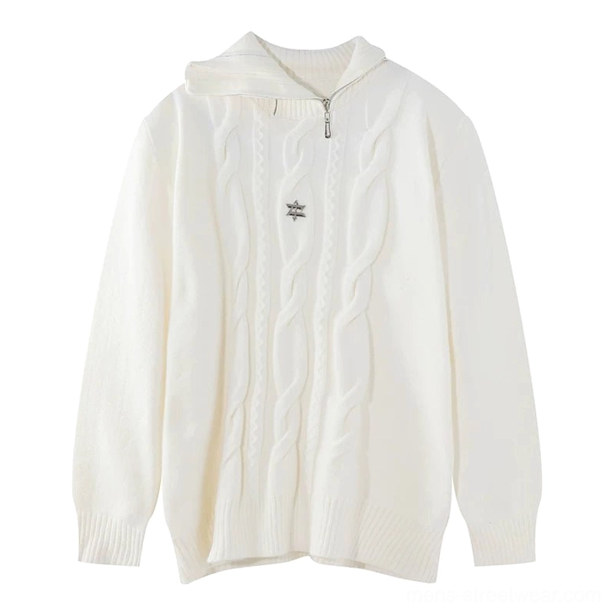 Off-white half-zip funnel neck cable knit sweater flat lay showing star emblem, ribbed cuffs, and ribbed hem