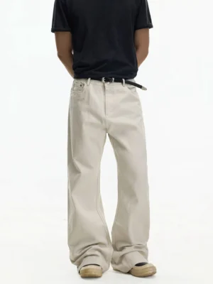 Off-white high waisted wide leg jeans full front view showing loose straight streetwear fit