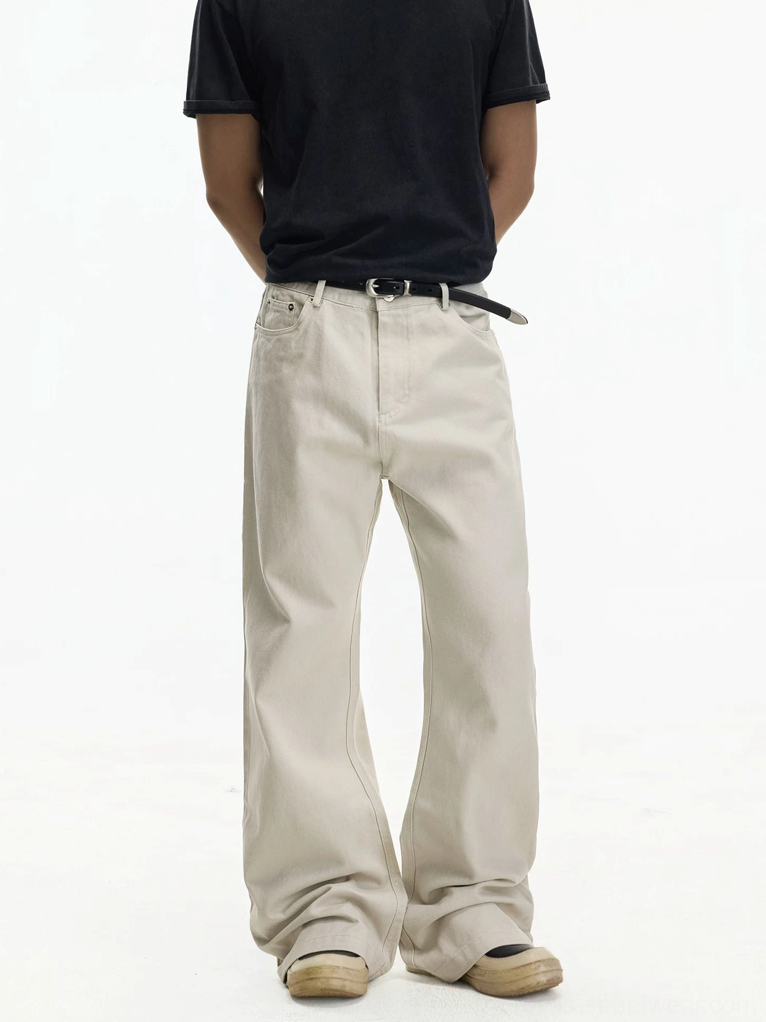 Off-white high waisted wide leg jeans full front view showing loose straight streetwear fit