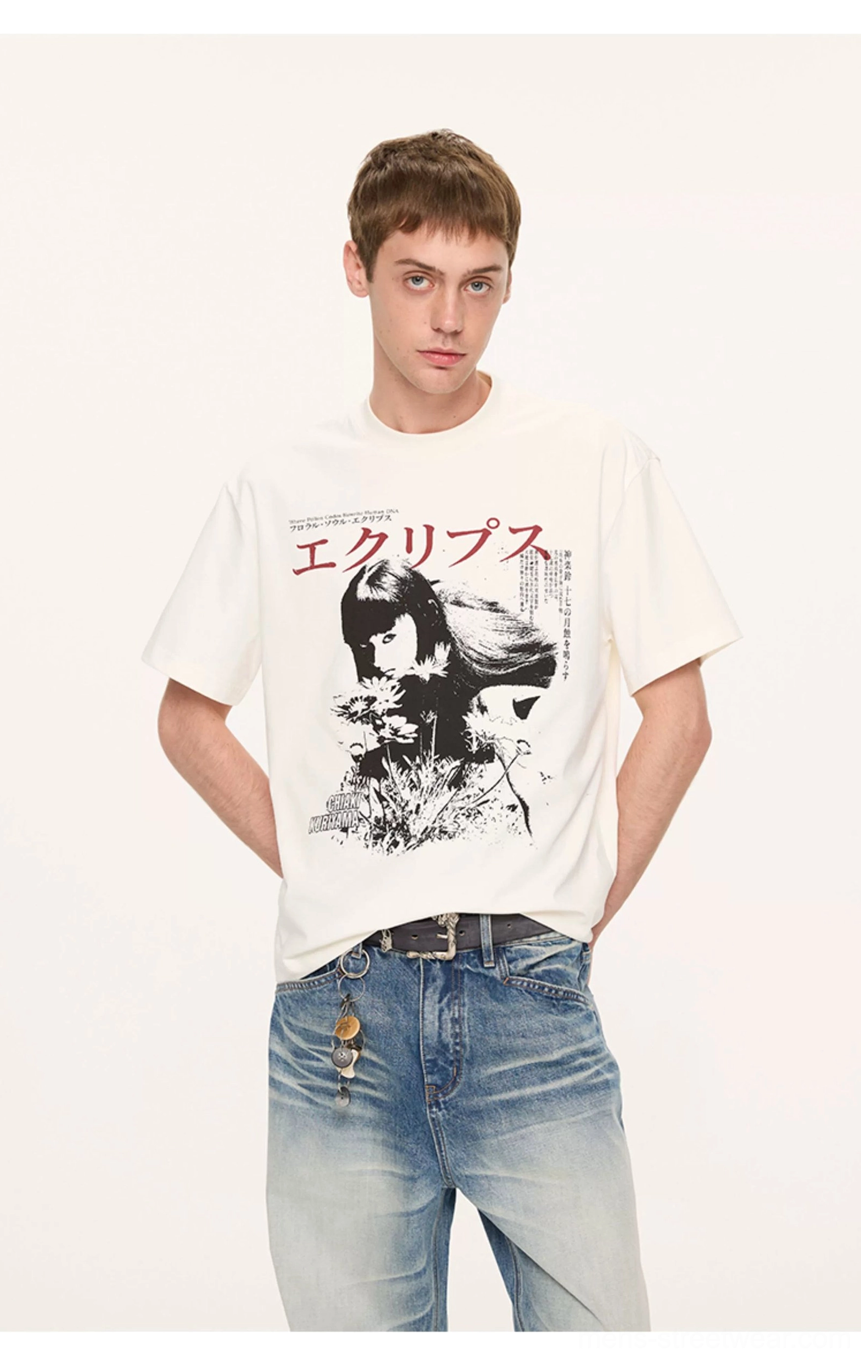Off-white Japanese anime graphic print T-shirt with red Japanese text and vintage streetwear styling
