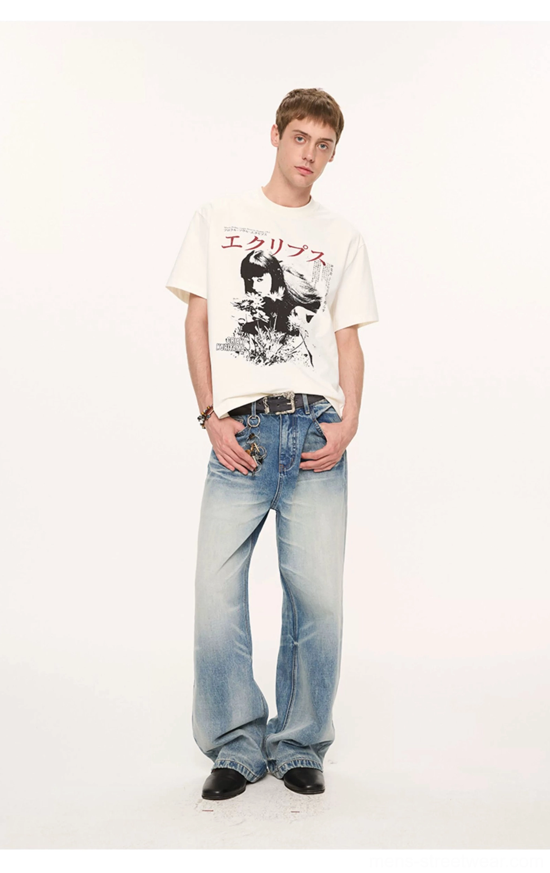 Full-body off-white Japanese retro graphic T-shirt with anime portrait artwork and relaxed straight fit