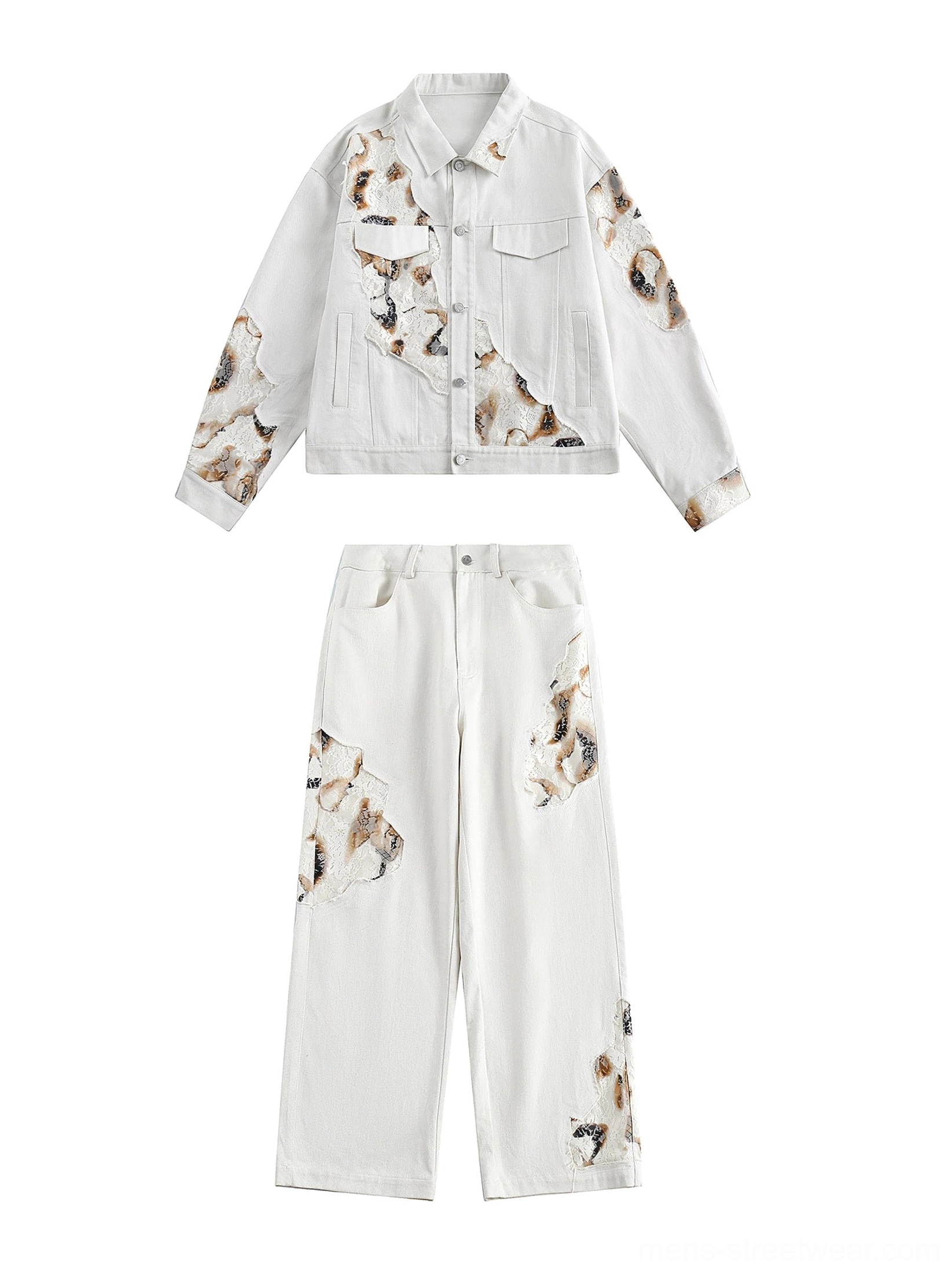 Off-white lace panel denim jacket and matching wide-leg denim jeans co-ord flat lay streetwear set