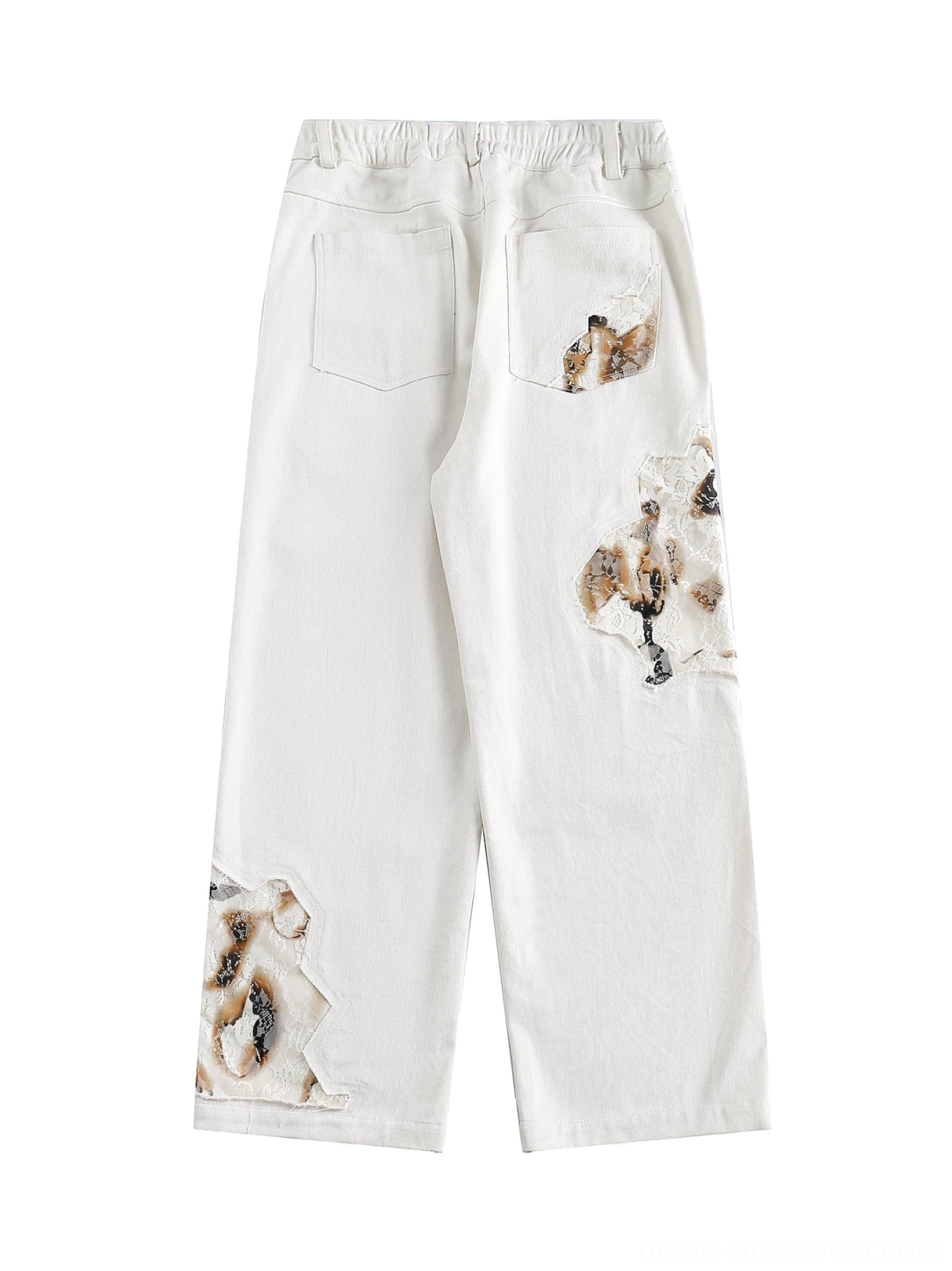 Back flat view of off-white lace panel wide-leg denim jeans for men with elastic waistband and rear pocket details