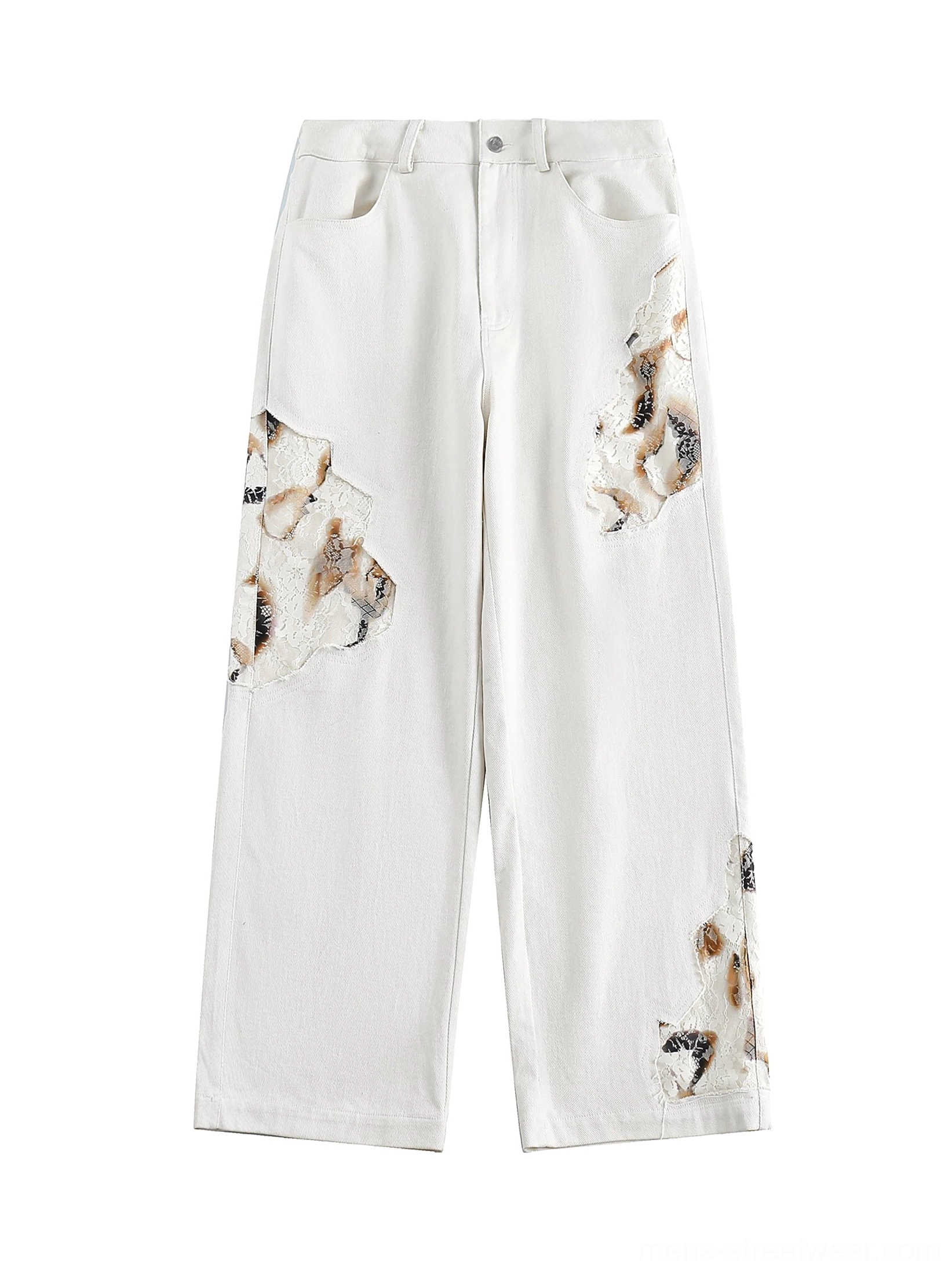 Front flat view of off-white lace panel wide-leg denim jeans for men with dark brown black patterned appliqué details