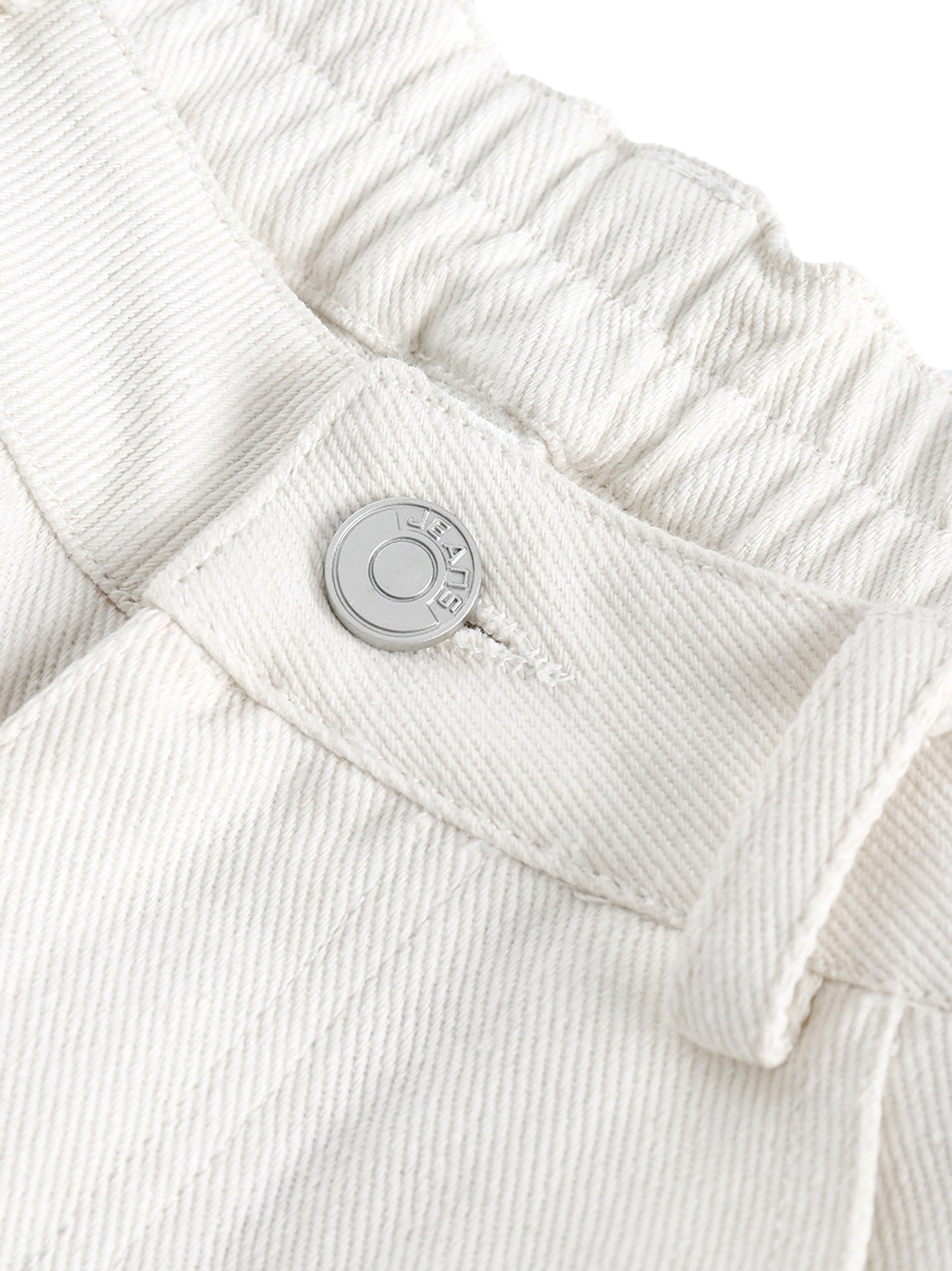 Close-up of off-white lace panel wide-leg denim jeans waistband with metal button belt loops and denim twill texture