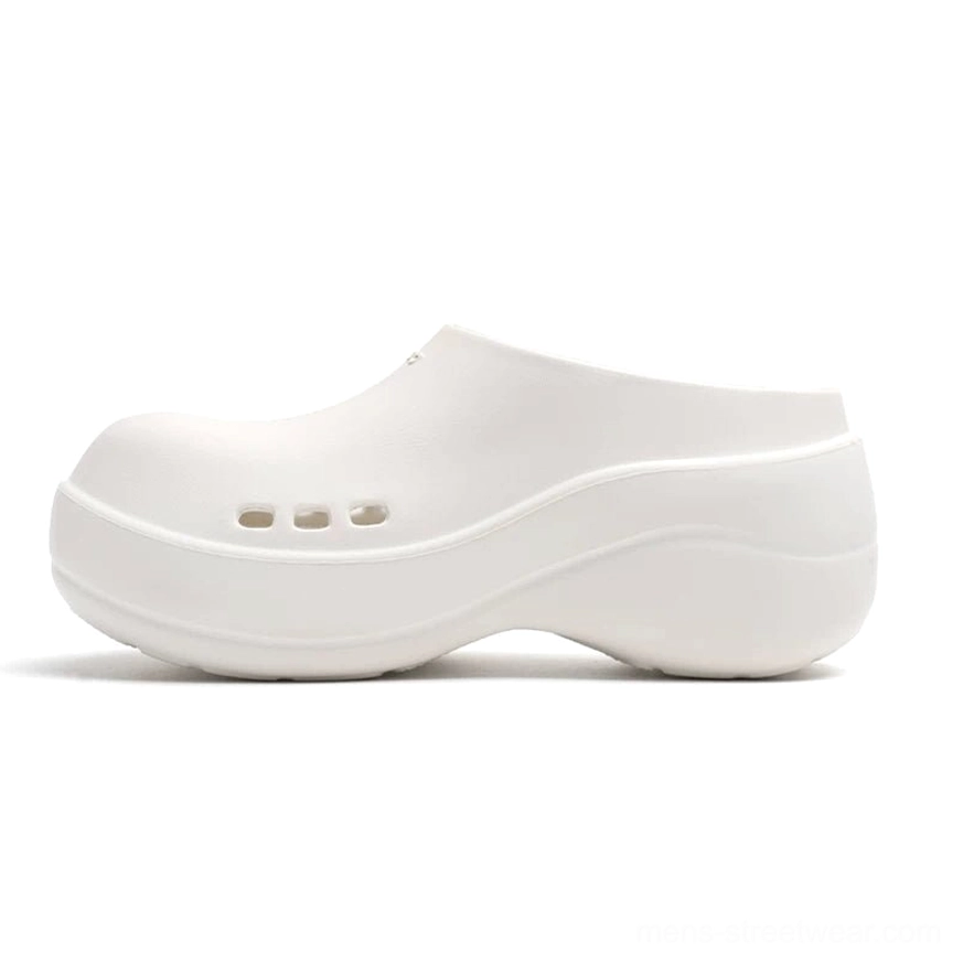 Off-white Midnight Wave platform clogs with matte cream finish, closed toe, three side ventilation openings and thick curved platform heel for casual Korean fashion