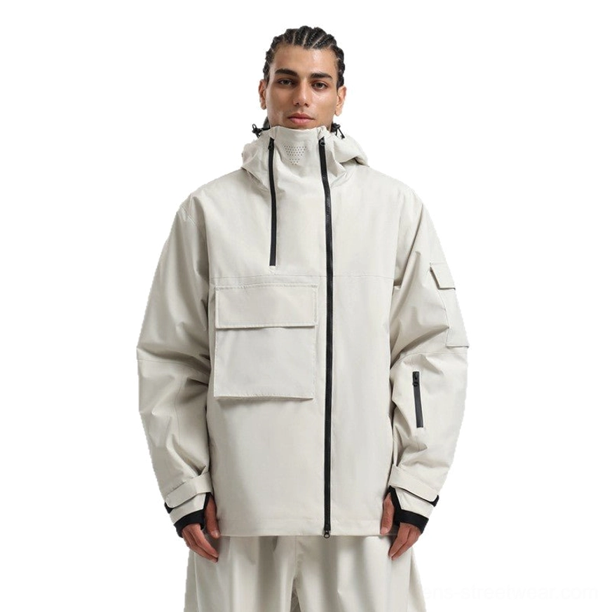 Solid off white outdoor techwear jacket with hood, large cargo pocket, sleeve zipper pocket, full front zipper, and thumbhole cuffs