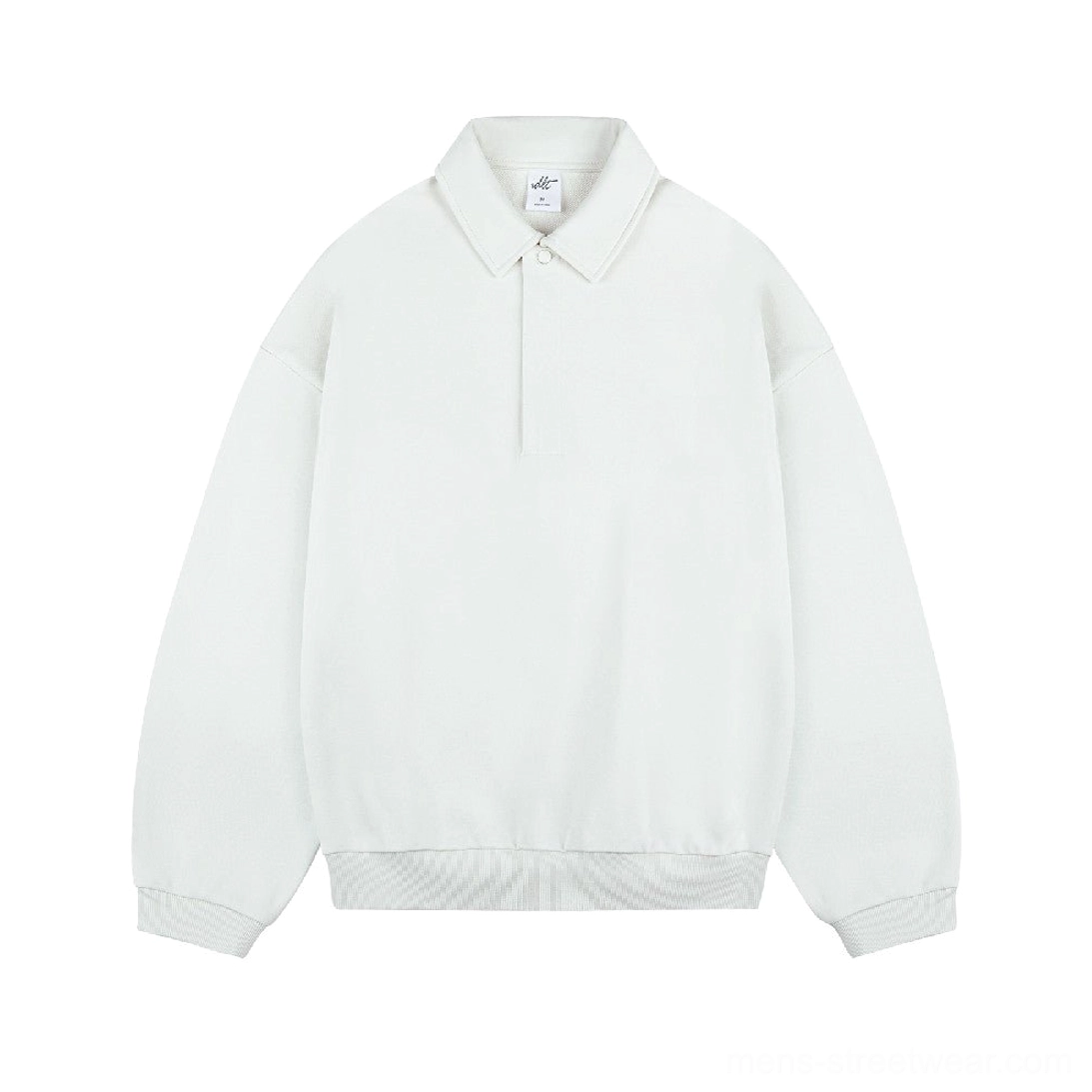 Off-white oversized long sleeve polo sweater with textured ribbed hem and relaxed Korean fashion fit