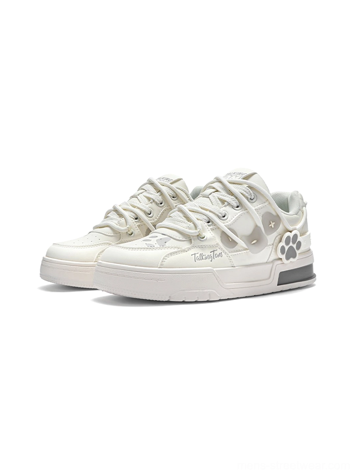 Off-white paw print low-top court sneakers with minimalist panels, gold heel embroidery, and subtle lettering