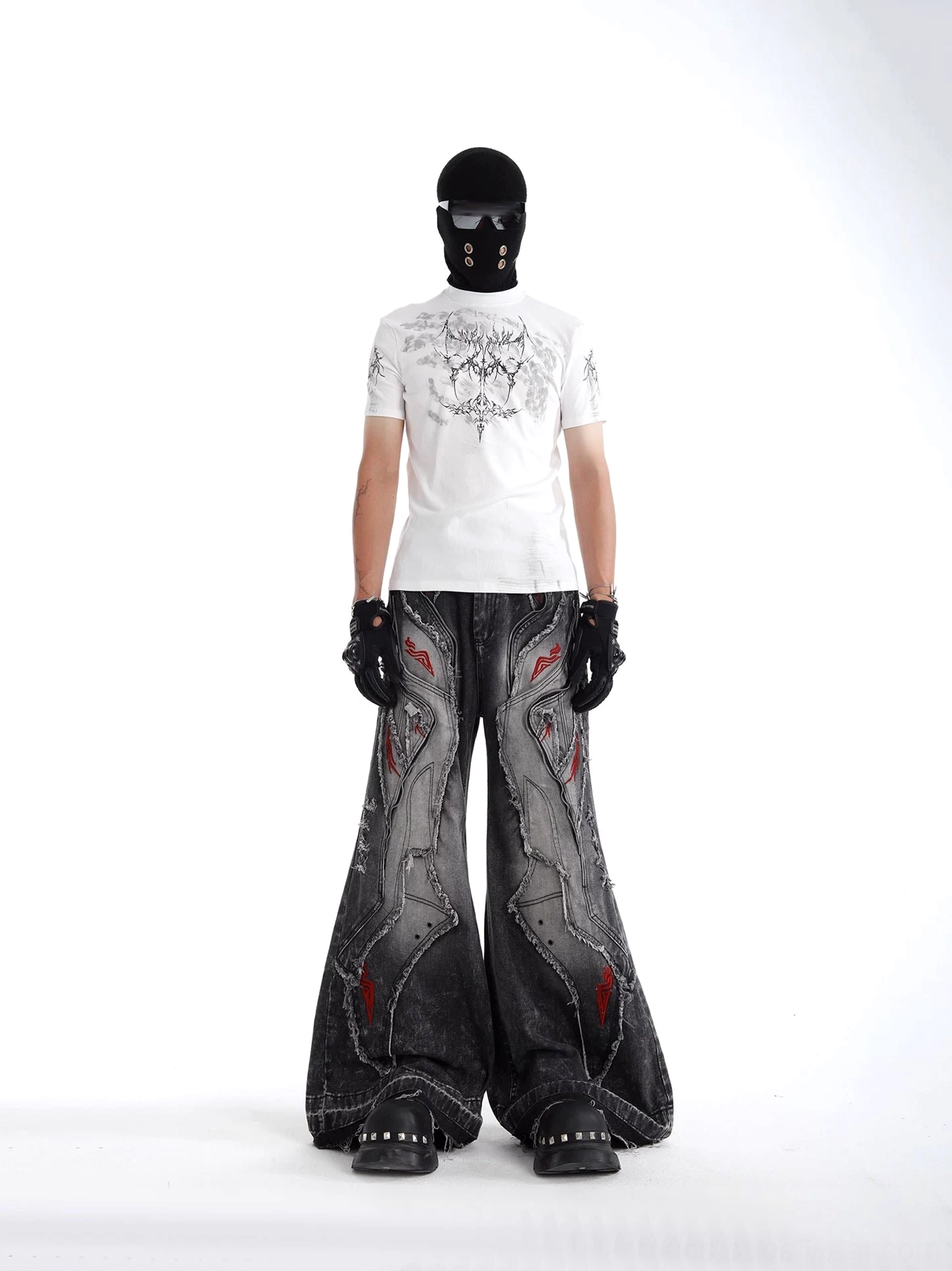 Off-white Phantom Sigil gothic streetwear T-shirt paired with wide-leg faded jeans and red decorative details