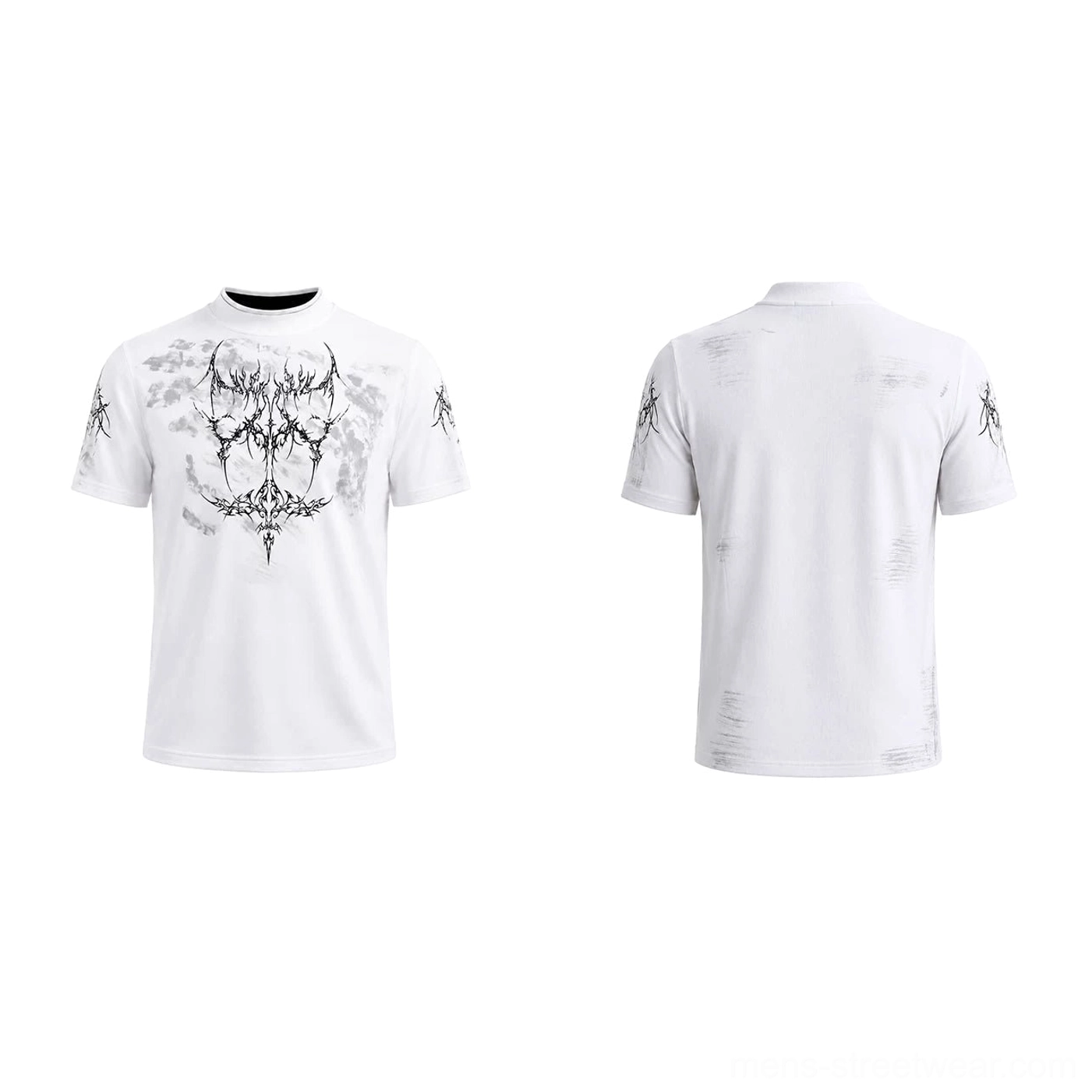 Flat lay view of off-white Phantom Sigil graphic T-shirt with distressed texture, gothic chest artwork, and sleeve details