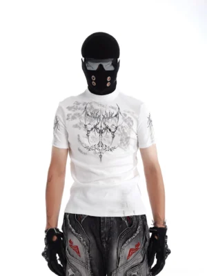 Off-white Phantom Sigil graphic T-shirt styled with black balaclava, leather gloves, and wide-leg jeans with red details