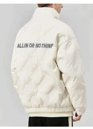 Rear view of off-white rhombus quilted puffer jacket featuring the allin or nothin slogan print and adjustable elastic hem
