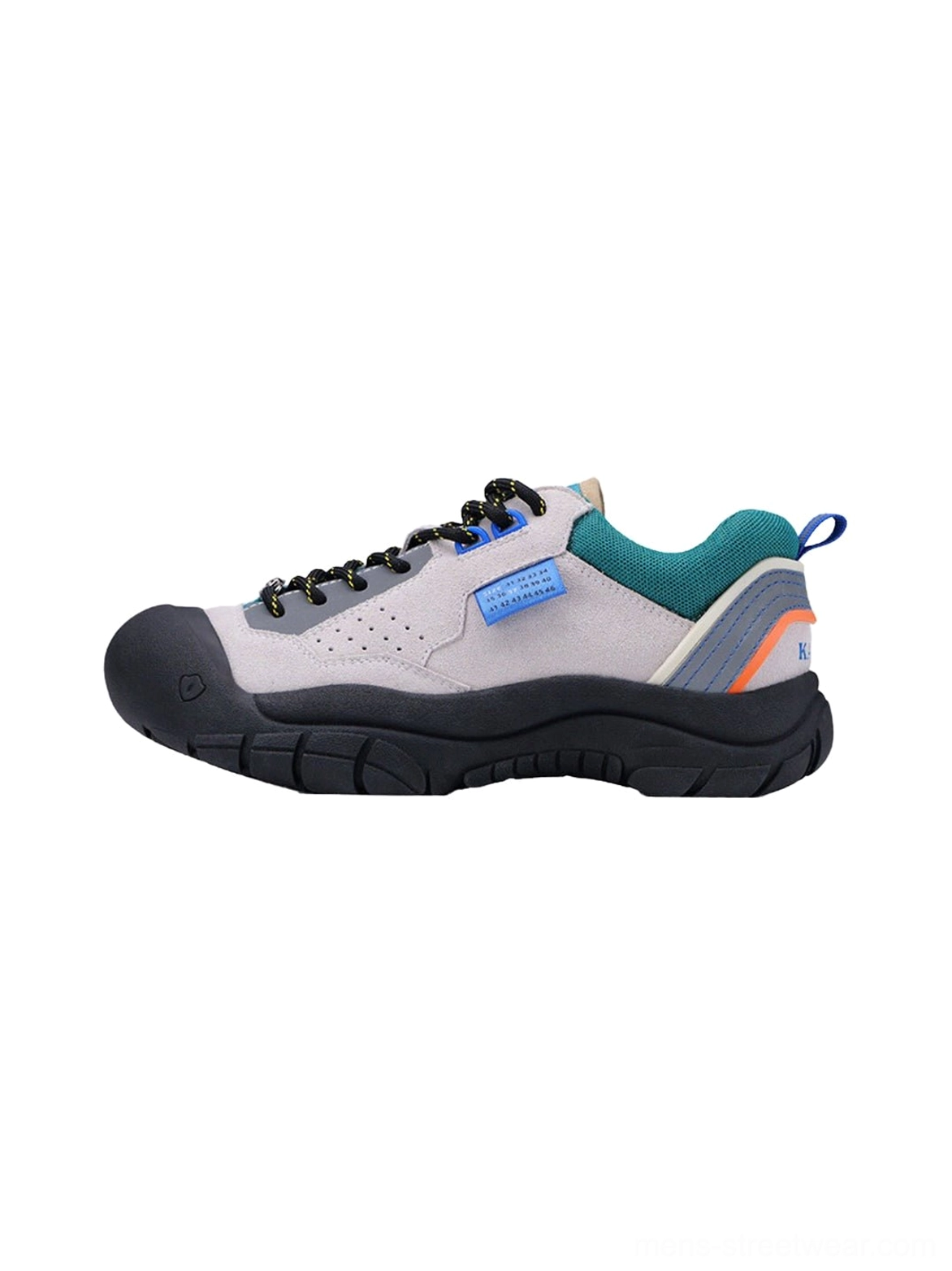 Side view of off-white suede texture trail platform sneakers with teal accents black chunky rugged outsole blue accent patch and contrast black laces