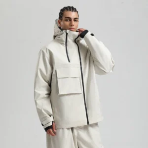 Off white technical winter jacket with attached hood, large cargo flap pocket, full zipper, and thumbhole cuffs shown in a clean studio view