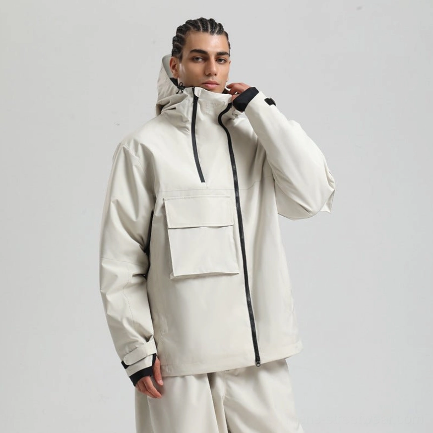 Off white technical winter jacket with attached hood, large cargo flap pocket, full zipper, and thumbhole cuffs shown in a clean studio view
