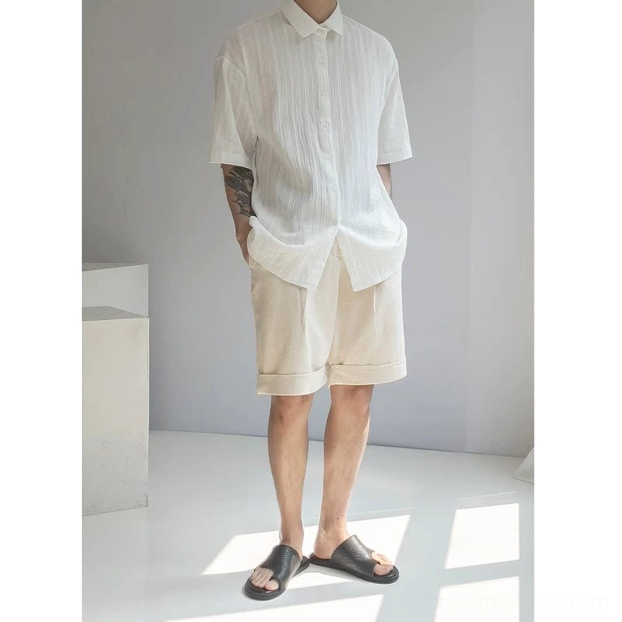 Off white textured stripe button down shirt for men shown in full body Korean casual streetwear styling