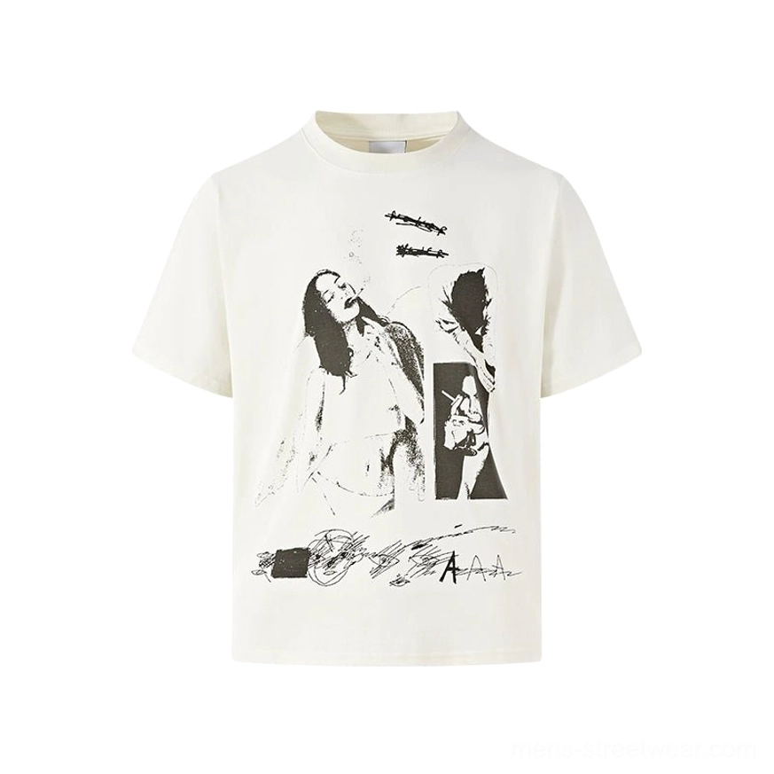 Off-white UPF 50+ graphic T-shirt with vintage collage artwork and loose crewneck streetwear silhouette