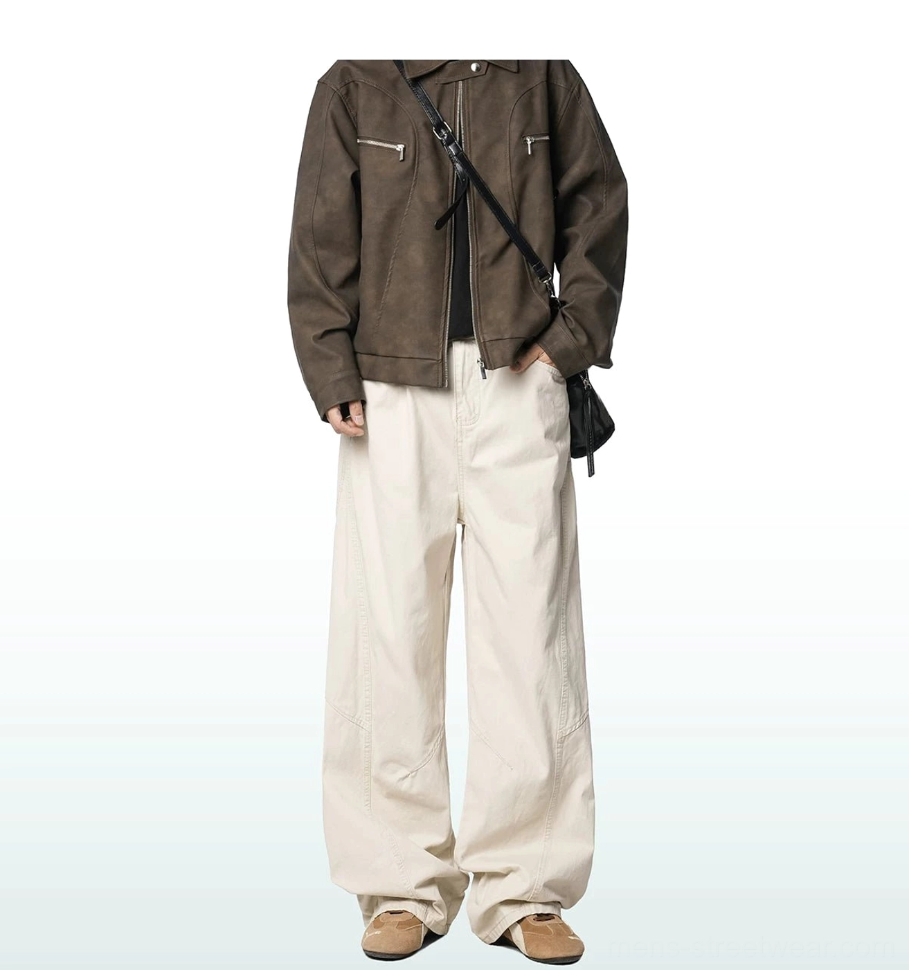 Off-white wide-leg cargo trousers styled with a brown leather crossbody bag, showcasing the clean neutral color and casual Seoul streetwear fit