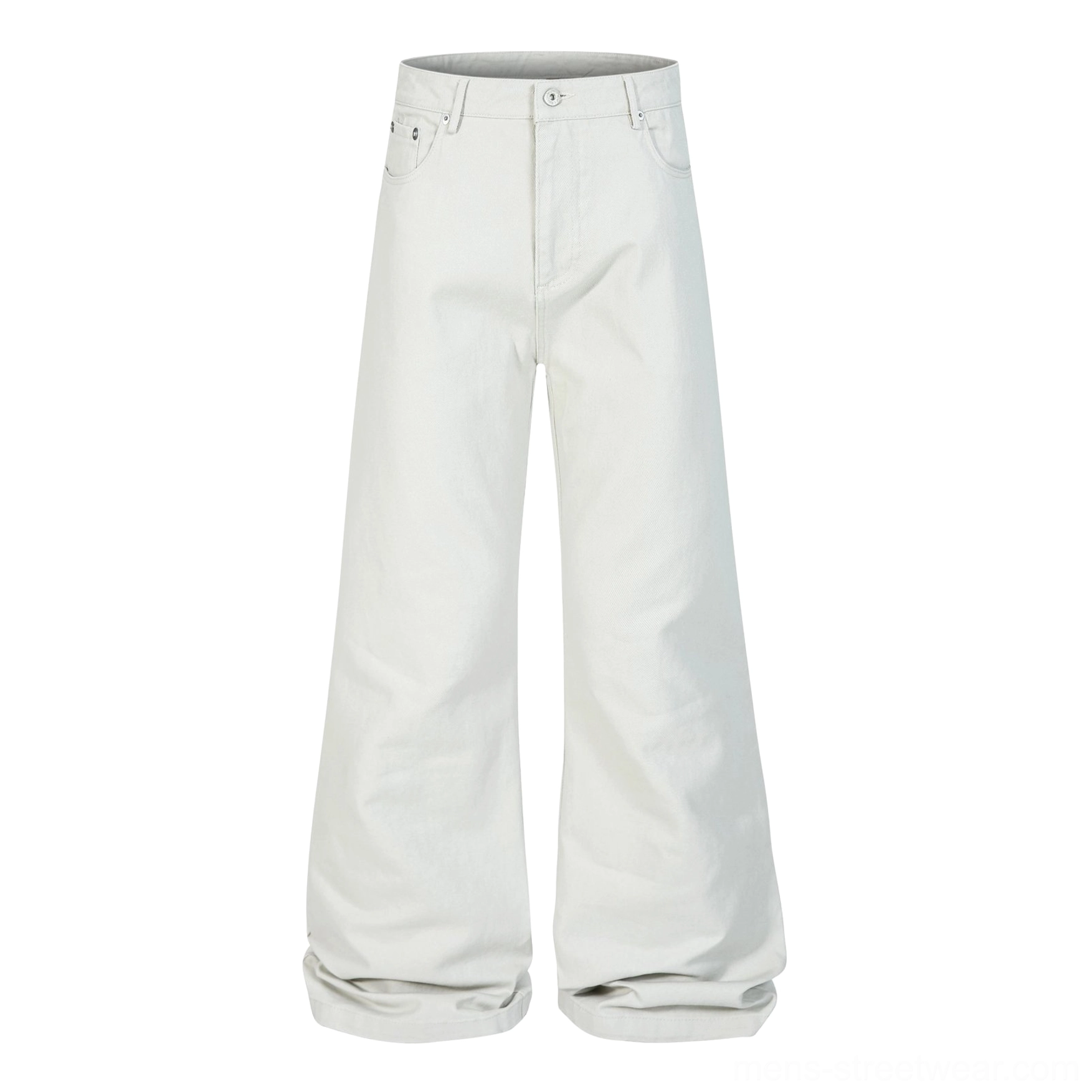 Off-white wide leg jeans flat lay front view showing button zip closure belt loops and pocket details