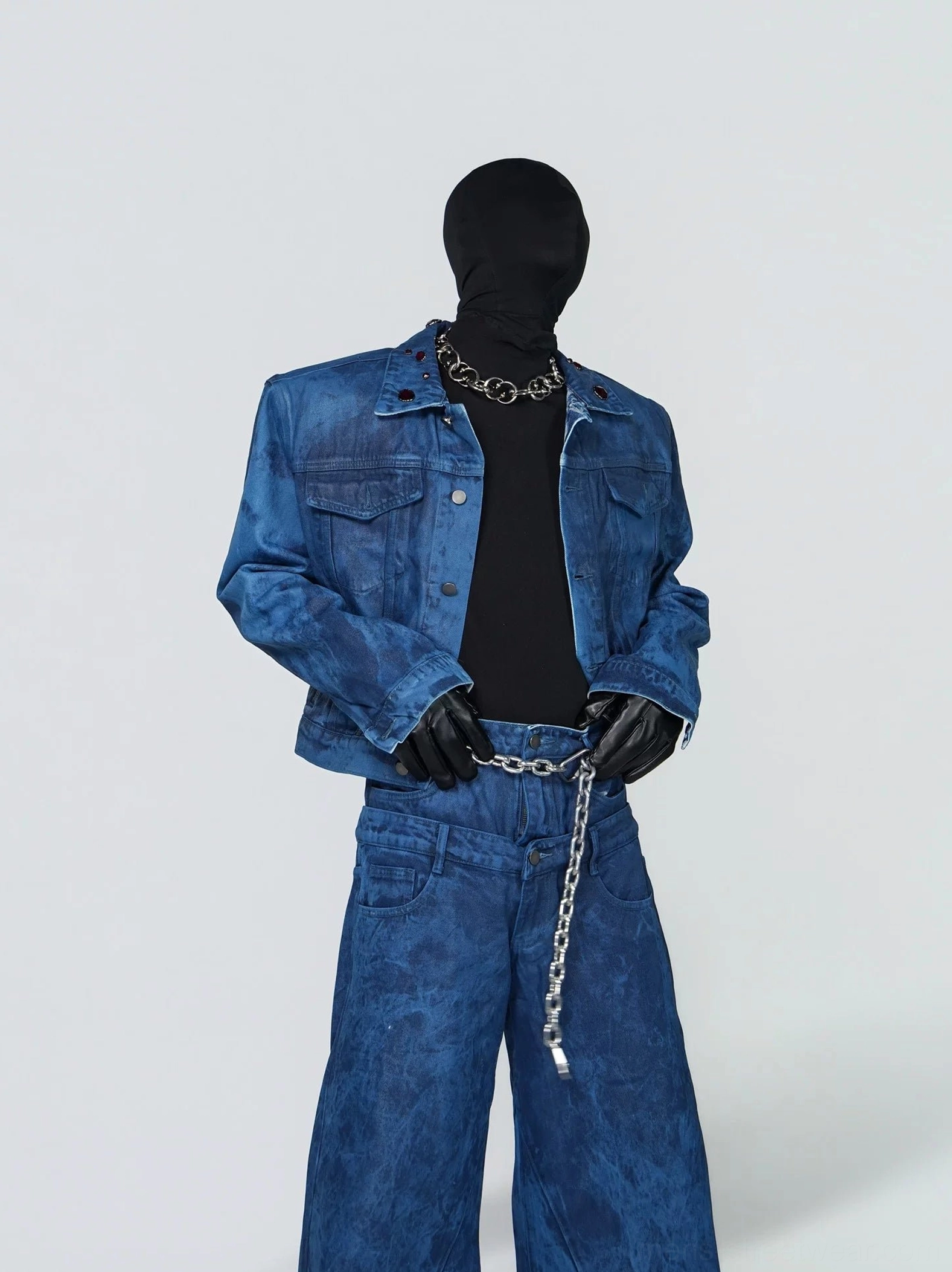 Oil wax blue marble cropped denim jacket styled with matching wide leg jeans in a front three quarter Seoul streetwear outfit view